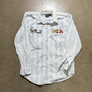 Vintage Looney Tunes Button Shirt Mens Small White Embroidered Warner Bros 90s